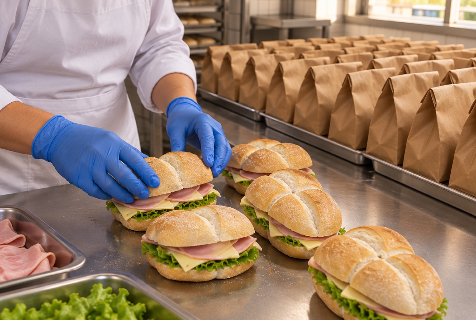 Armado de sándwiches en marraqueta en la cocina de Panimás